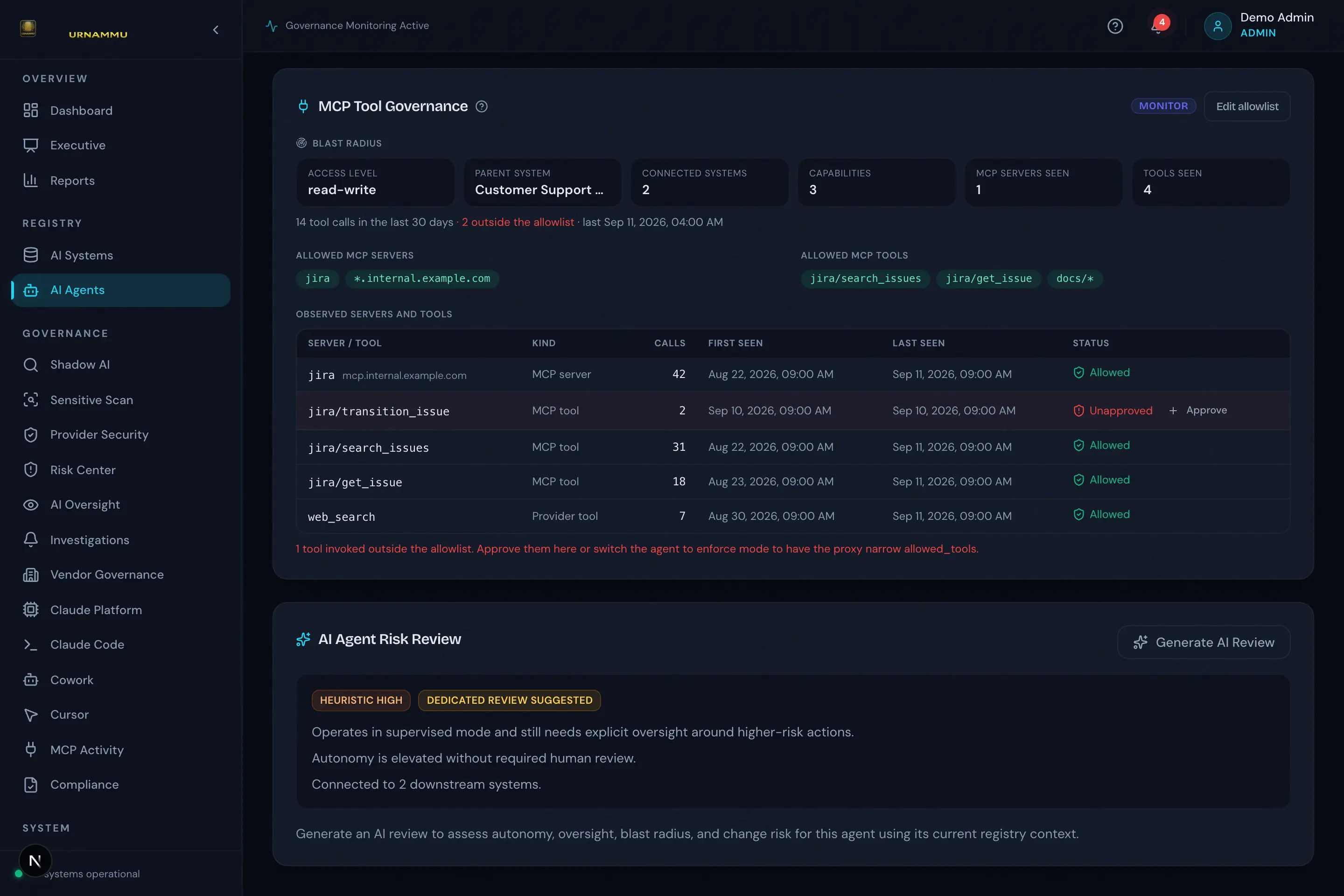 MCP tool governance on an agent