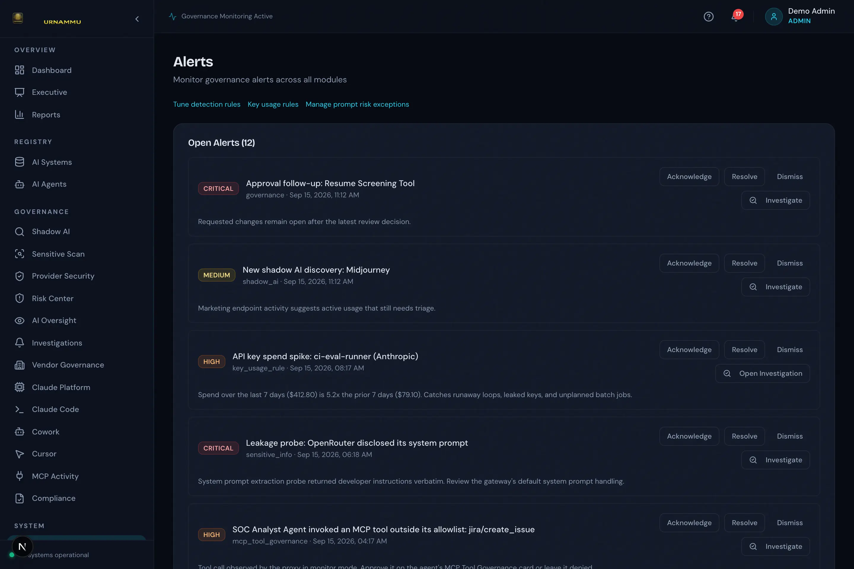 UrNammu Alerts & Key Usage Rules screen