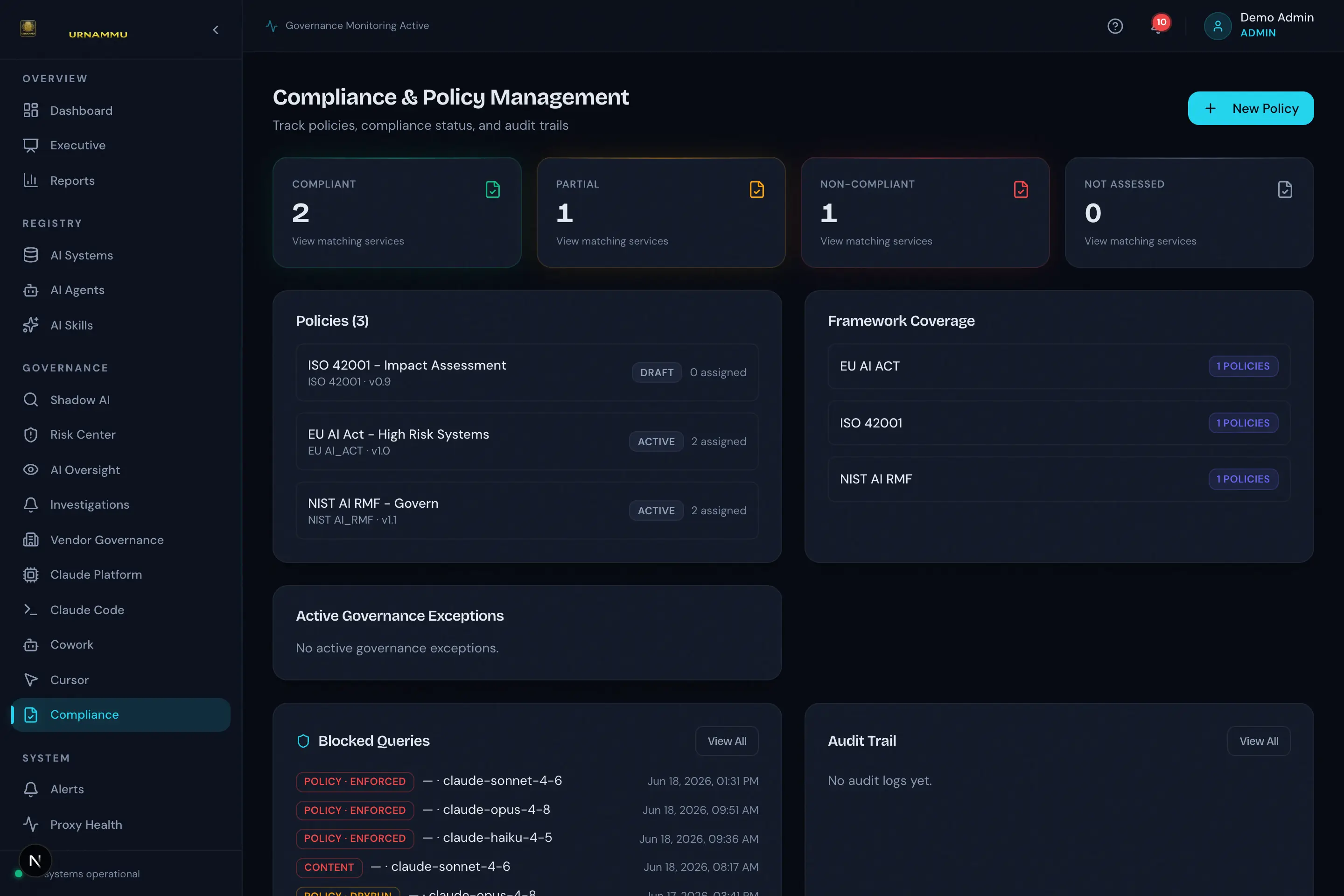 UrNammu Policy-as-Code & Compliance screen