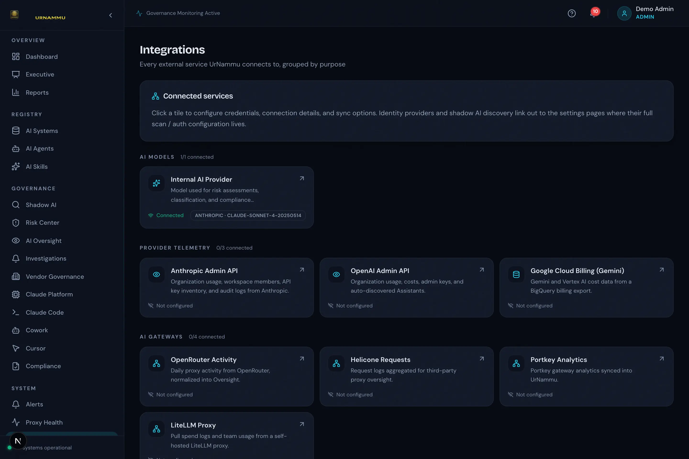 UrNammu Integrations & Proxy Health screen