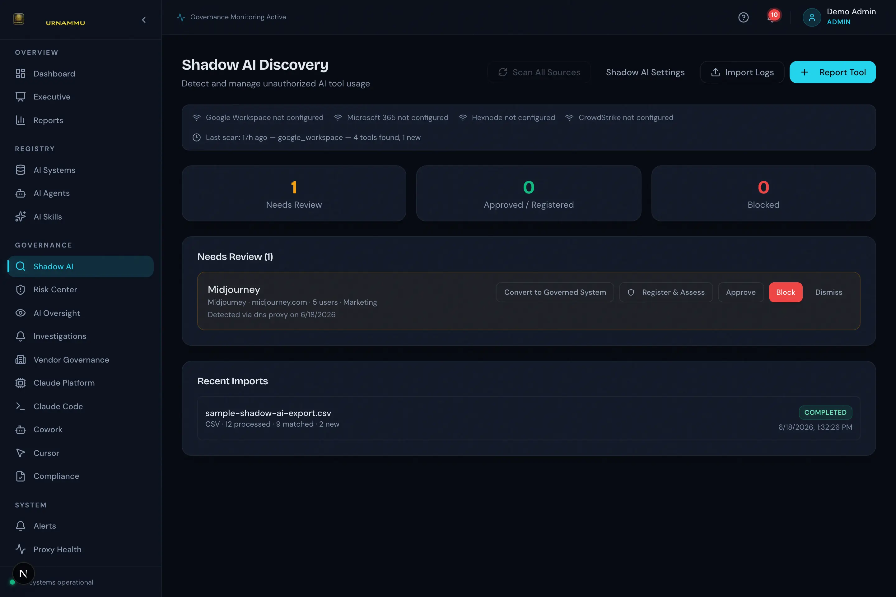 UrNammu Shadow AI Discovery & Enforcement screen